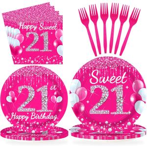 96Pcs 21st Birthday Party Supplies 350 GSM Hot Pink Sweet 21 Plates and Napkins Tableware Sets Happy 21st Birthday Decorations for Girls Women Finally Legal 21 Years Old Party Favors, Serves 24