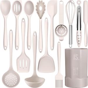 AOTHOD Silicone Cooking Utensils Set - 446F Heat Resistant Kitchen Utensils,Turner Tongs,Spatula,Spoon,Brush,Whisk,Kitchen Utensil Gadgets Tools Set for Nonstick Cookware,Dishwasher Safe (BPA Free) (Khaki)