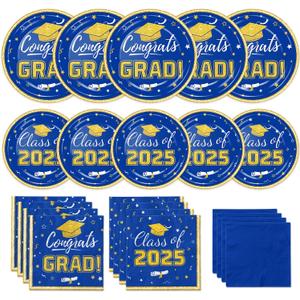 Graduation Plates and Napkins 2025 Graduation Party Supplies Congrats Grad Disposable Paper Plates Cocktail Napkins Luncheon Napkins for Blue and Gold Graduation Party Decorations, Serve 50
