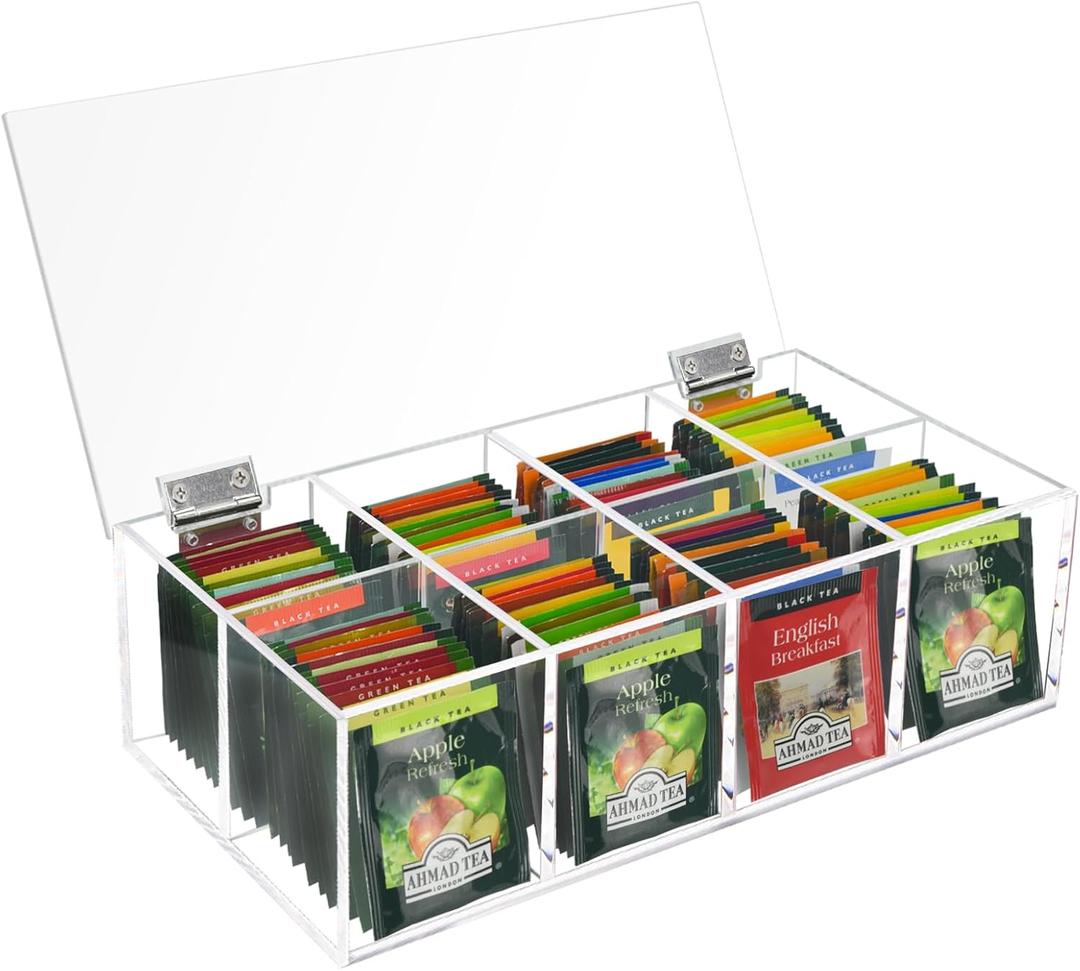 Tea Bag Organizer, Acrylic Tea Bag Holder, Clear Tea Packet Storage Box with Lid, Home Decor