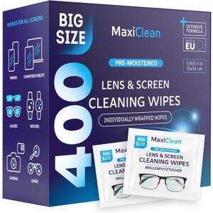 Glasses Wipes Lens Cleaner - Lens Wipes for Eyeglasses - 400 Pre-moistened Individually Wrapped Wipes for Eye Glasses, Electronics, Phone, Computer, Laptop Screen - Camera Lens Cleaner - Made in EU