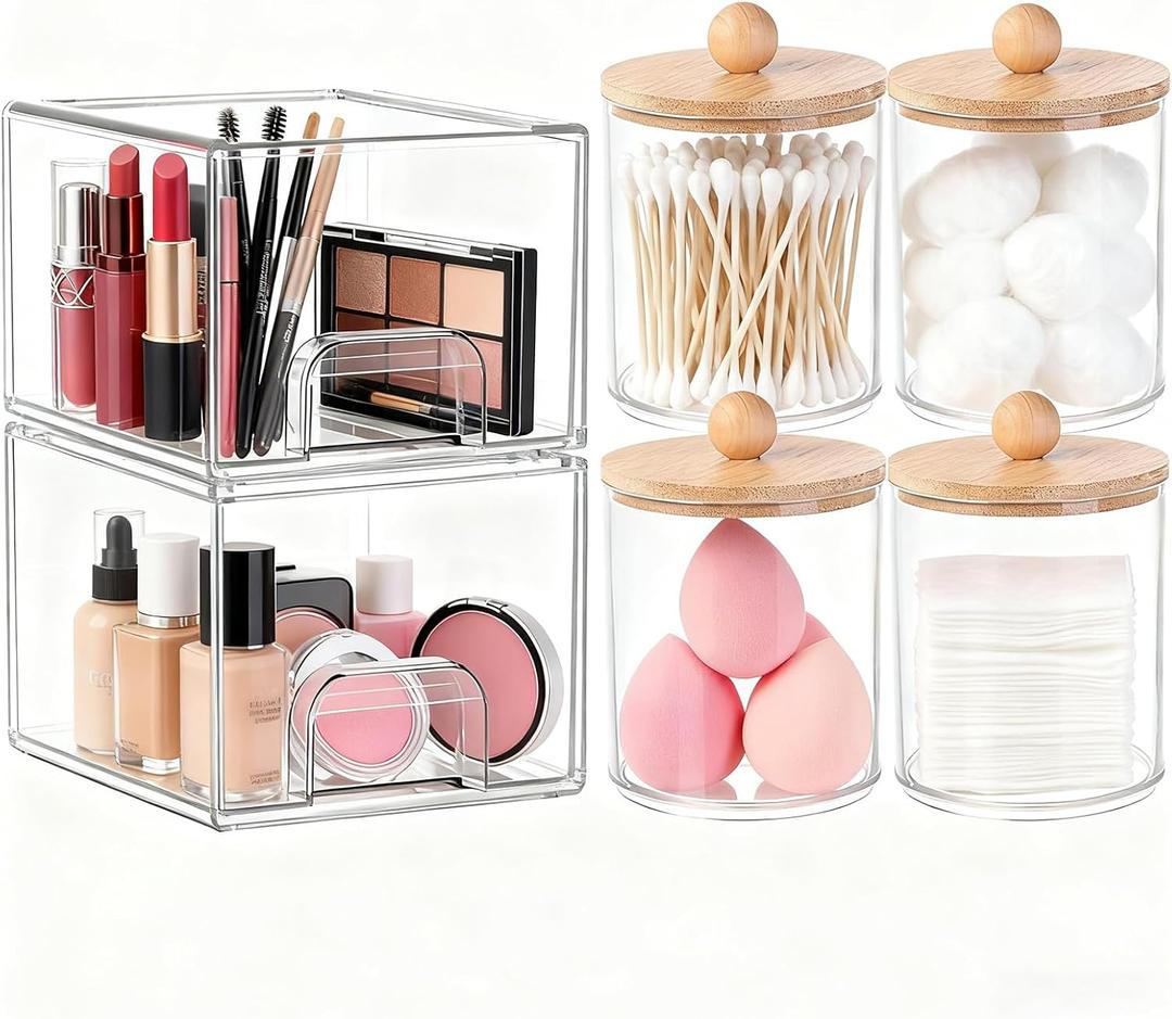 6 Pack Clear Stackable Storage Drawers & Qtip Holder Dispenser with Bamboo Lids, Clear Plastic Storage Containers for Bathroom, Vanity, Undersink, Kitchen Cabinets, Pantry, Home Organization
