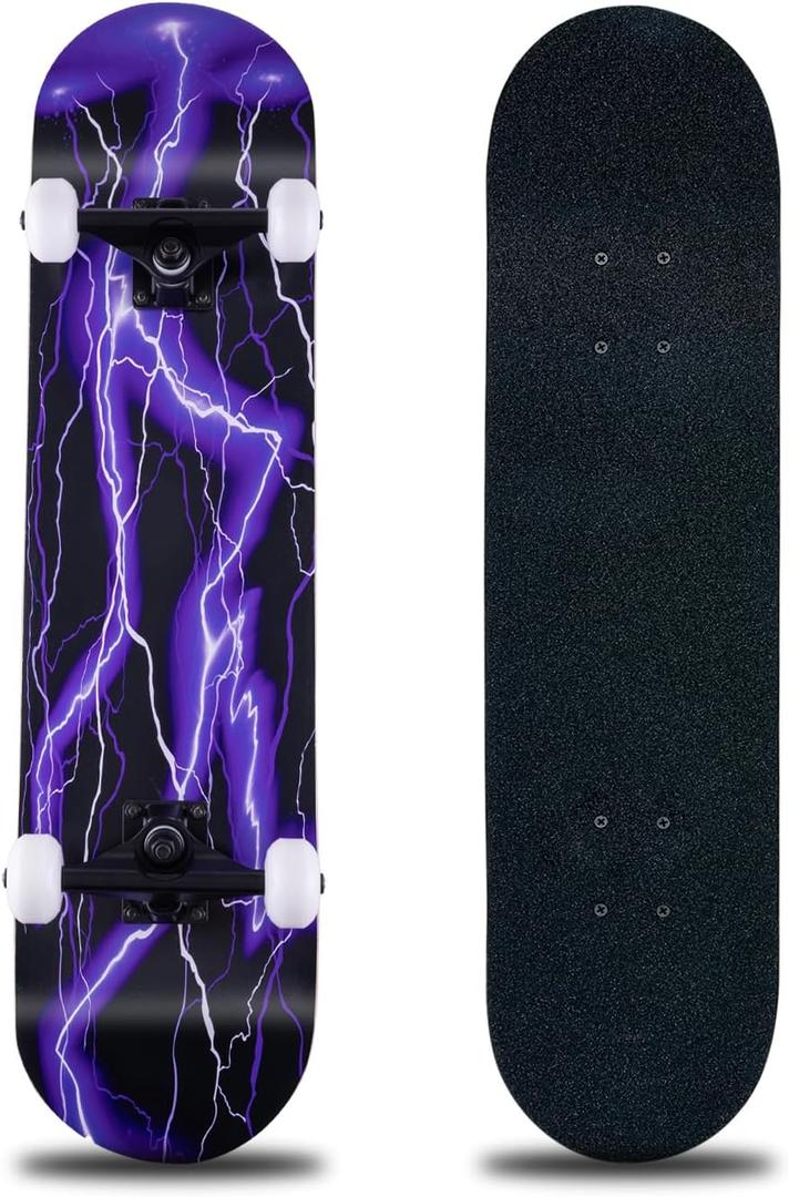 Skateboard,31 x 8 Inch Complete Skateboard, 8-Layer Maple Wood Deck Double Kick Standard Skateboards for Kids, Teens, Adult, Beginner
