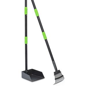 Niubya Pooper Scooper for Dogs, Metal Poop Scooper Tray and Rake Set with Adjustable Long Handle, Dog Pooper Scooper for Pet Waste Removal (Black & Green)