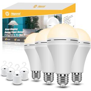 Neporal Emergency Rechargeable Light Bulbs Stay Light Up When Home Power Failure, 15W 80W Equivalent LED 1200mAh Self Charging Emergency Light Bulb for Power Outage, Camping, Tent (Warm White 4PK)