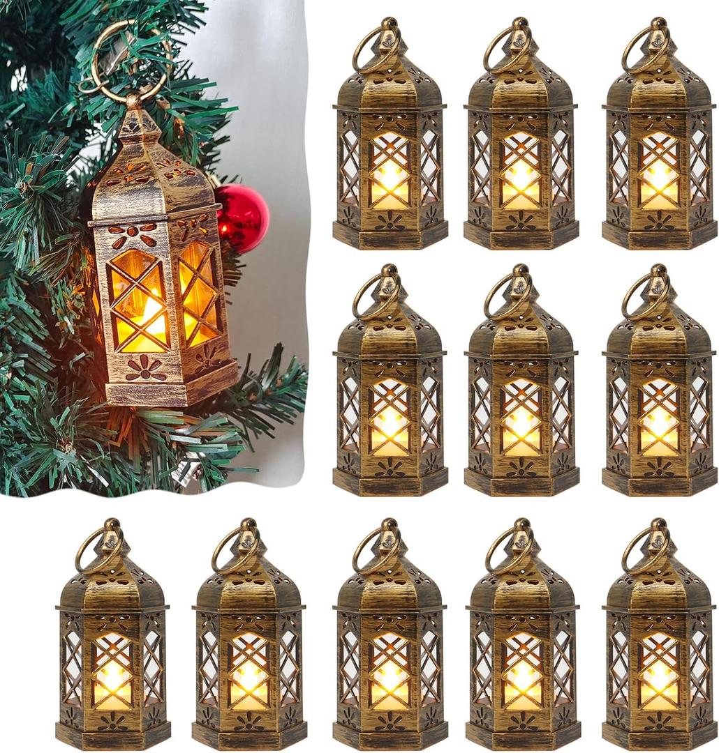 Mini Lantern Decorative, 12Pcs Small Lanterns with LED Candle, Ramadan Decorations, Hanging Vintage Moroccan Lantern Bulk for Easter Wedding Xmas Party Table Centerpiece, Brushed Brass