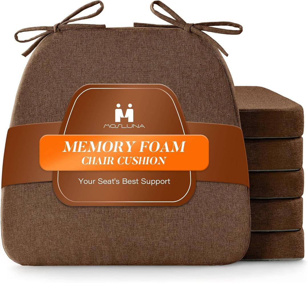 Chair Cushions Set of 6, 2" Thick Chair Pads, D-Shaped Kitchen Seat Cushions with Removable Cover, 16 x 17 inch, Brown