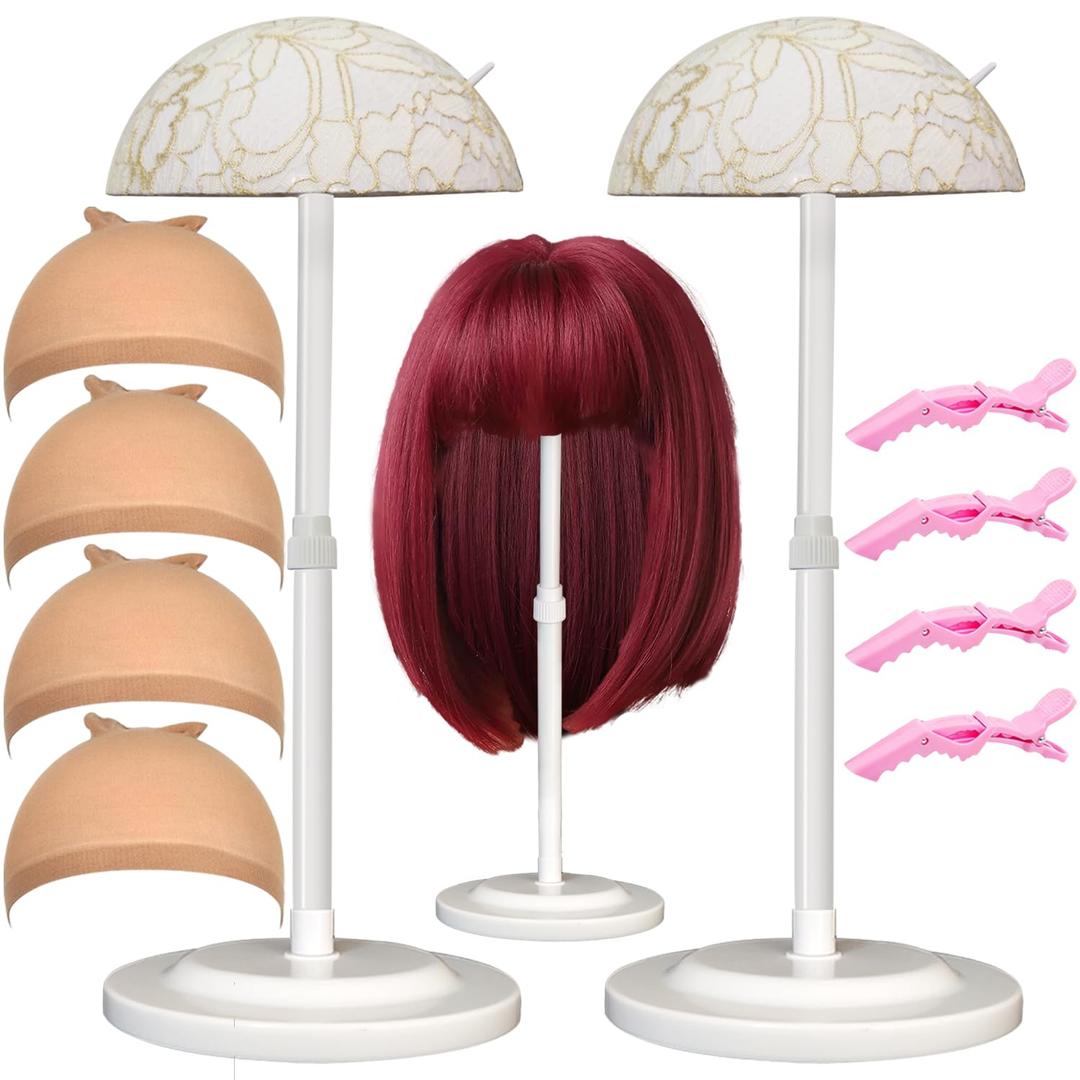 Wig Stand 2 Pack Adjustable Height Wig Holder Stands Non-Slip Portable Wig Head Holders Sturdy Plastic Wig Head Stand for Multiple Wigs and Hats Styling Drying Display (White)