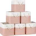 Temary 11 Inch Storage Cubes, Sturdy Fabric Bins with Metal Support & Soft Rope Handles, 6 Pack Foldable Nursery Organizer Baskets for Clothes, Home (White & Pink)