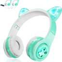 Woice Kids Bluetooth Headphones, Cat Ear LED Light Wireless Foldable Headphones Over Ear with Mic, Music Sharing Function and 0-85dB /110dB Limited for iPhone/iPad/Smartphones/Laptop/PC(Mint)