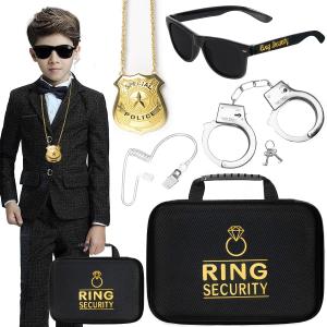 Ring Security Wedding Ring Bearer Proposal Box Gifts, Sunglasses, Kids Toy Badge, Earpiece Earplugs, Toy Handcuffs With Keys for Boys, Sturdy Briefcase, Wedding Stuff
