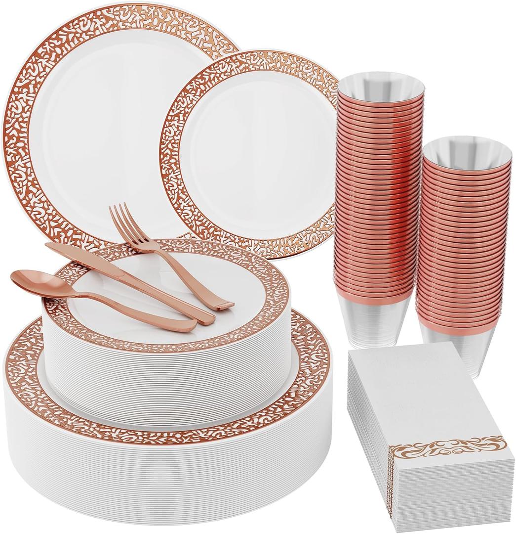 Count Rose Gold Plastic Dinnerware Disposable Plates 30 Dinner & 30 Dessert Plates & 30 Cups & 30 Rose Gold Paper Napkins & 30 Plastic Silverware Set
