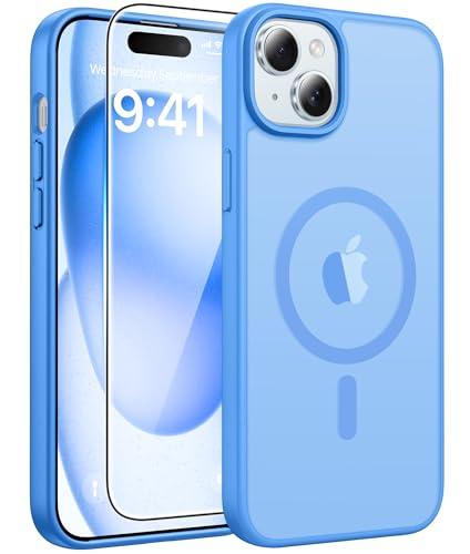 FNTCASE for iPhone 15 Case: for iPhone 14 Case & iPhone 13 Case [Compatible with Magsafe] Translucent Matte Cases with [Screen Protector] Military Grade Shockproof Protective Phone Cover - Ice Blue