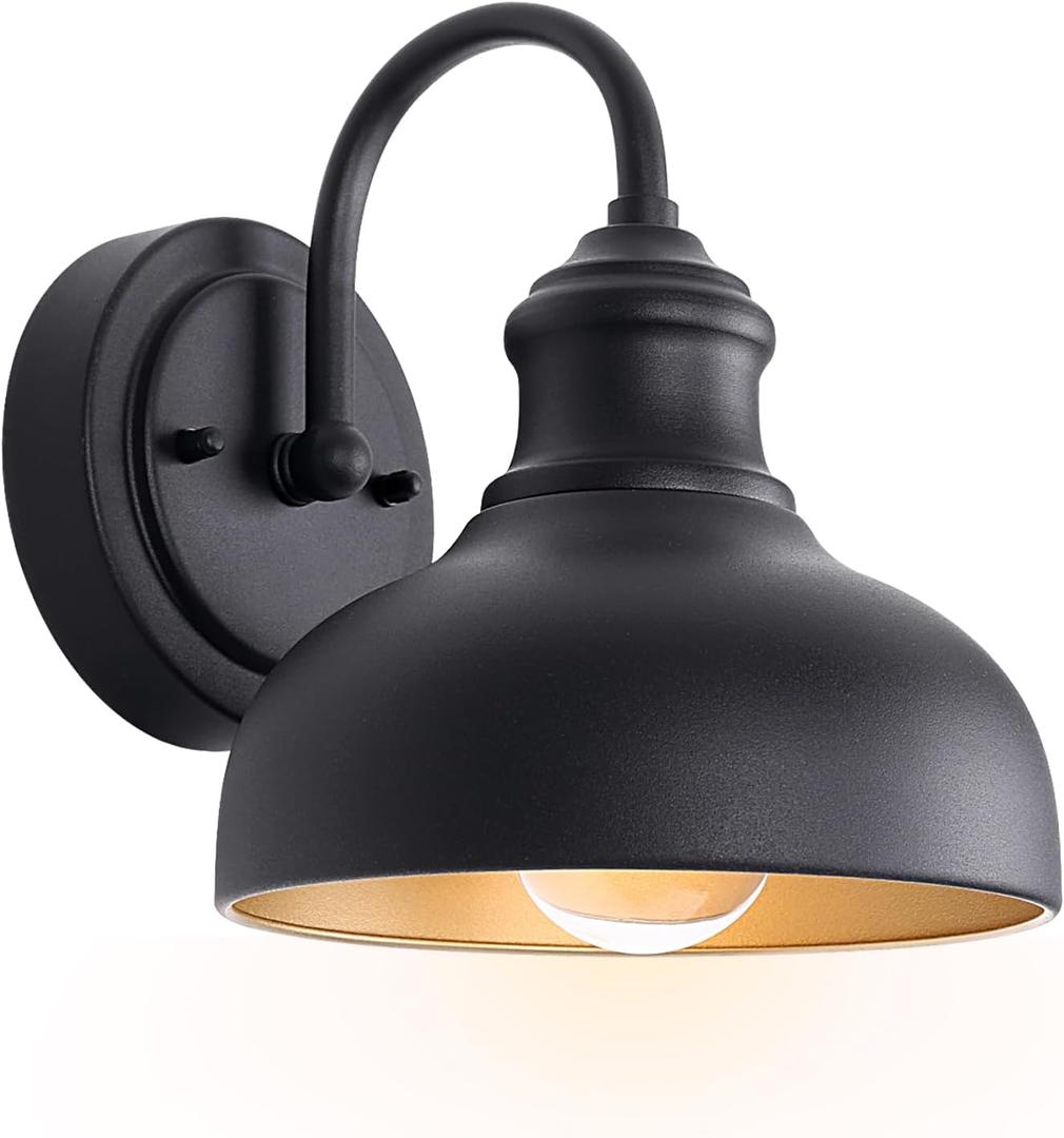 Black Outdoor Gooseneck Lighting for Barn 7 Inch Farmhouse Exterior Light Fixtures with Wall Mount, Small Porch Light with Brass Interior, Outside Gooseneck Wall Sconce for House Garage Patio, Matte Black, 7" Dome