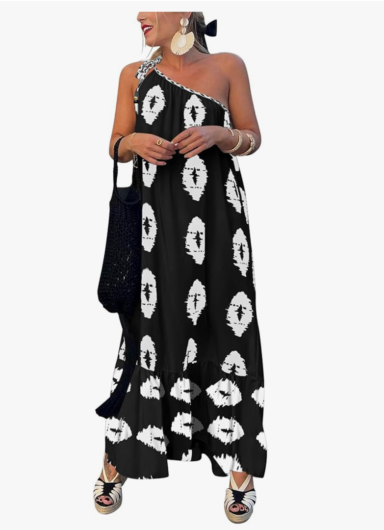 PRETTYGARDEN Women's Summer One Shoulder Maxi Dresses Printed Flowy Boho Beach Vacation Long Sundress XL