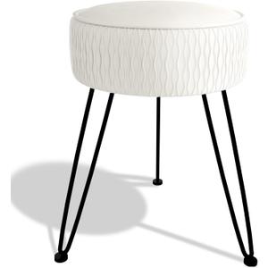 MOOWIND Velvet Vanity Stool Footrests, Round Ottoman Vanity Chairs with Anti-Slip Feet, Dressing Table Seat Foot Stool with Black Legs, Furry Padded Seat Side Table for Makeup Bedroom, White