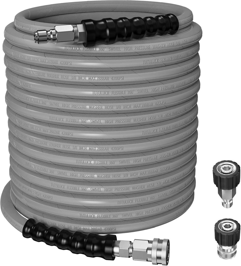 3/8" Kink Resistant Pressure Washer Hose 100FT, Swivel 3/8" Quick Connector and M22 Fitting, Supporting Up to 4200 PSI for Heavy Duty Use, Fitting Most Pressure Washers