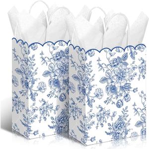 Kolldenn 24 Pcs Blue Floral Gift Bags with Handles Wildflower Party Favor Candy Treat Goodie Bags Scalloped for Birthday Decoration for Bridal Baby Shower Party Supplies