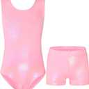 Nymphperi Girls Gymnastics Leotards 2 Piece Shiny Sleeveless Bodysuits with Sparkly Breathable Shorts Suit