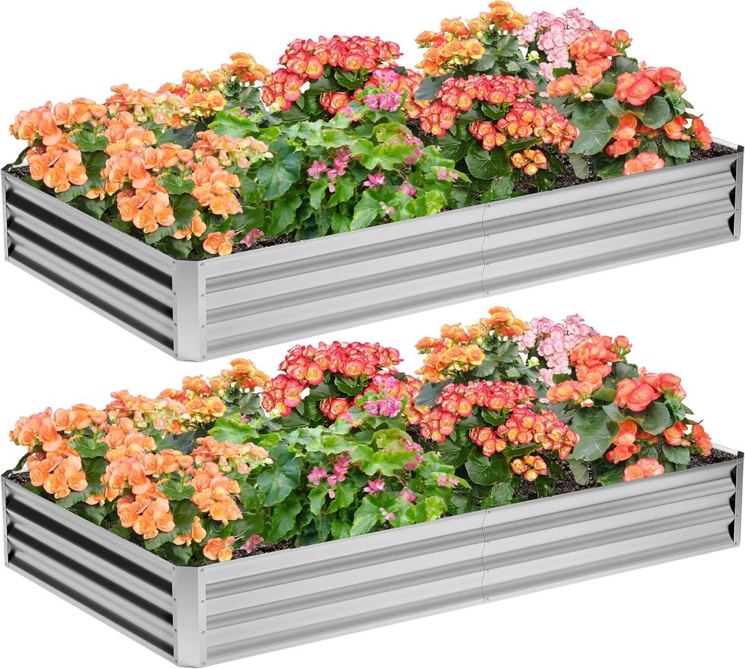 2PCS 8x4x1FT Galvanized Raised Garden Bed,Planter Raised Beds-Metal Garden Box,Large Plant for Outdoor Planting, Vegetables BedFlower,herb-Silver