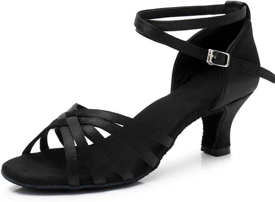 MSMAX Women Latin Dancing Shoes Mid Heel Character Ballroom Dance Shoe for Women Black 7.5 M US Women