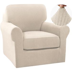 Turquoize 2 Piece Chair Covers Chair Slipcovers for Living Room Small Armchair Cover with Arms Washable Furniture Cover for Chairs Feature Thick Jacquard Fabric (Small Armchair, Biscotti Beige)