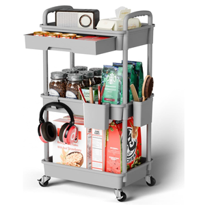 Sorgion 3 Tier Rolling Cart Organizer,Laundry Room Bathroom Organizers and Storage Office Shelves Mobile Shelving Unit Kitchen Trolley Cart with Wheels for Art,Craft,Diaper,Bedside,Snack(Grey)