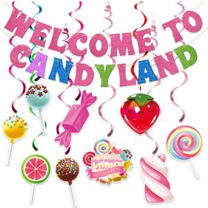 Candy Themed Party Decorations - 16Pcs Candy Hanging Swirls - Sweet Lollipop Theme Supplies for Birthday, Baby Shower, Classroom Decor