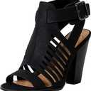 Soda Yummy ~ Gladiator Cutout Stacked Heel Sandal Shoes with Adjustable Ankle Buckle (Size 9, Black)