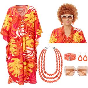 6pcs Halloween Landlady Women Costume Curly Wig Print Caftan Dresses Jewelry Set and Sunglass for Cosplay Party