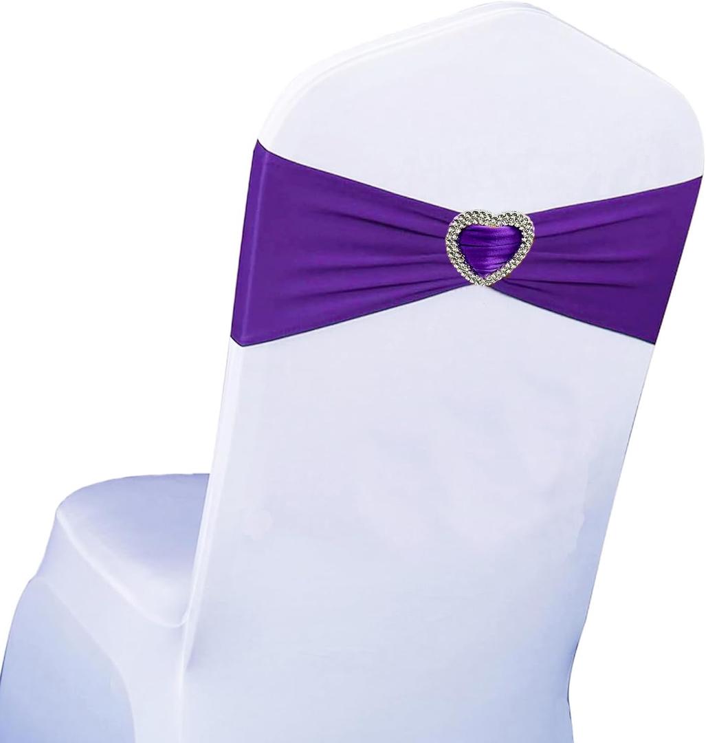 Purple Chair Sashes 25 Pack Spandex Purple Sashes for Chairs Covers Universal Stretch Chair Sashes Band with Heart Buckle Slider for Wedding Banquet Party Decorations