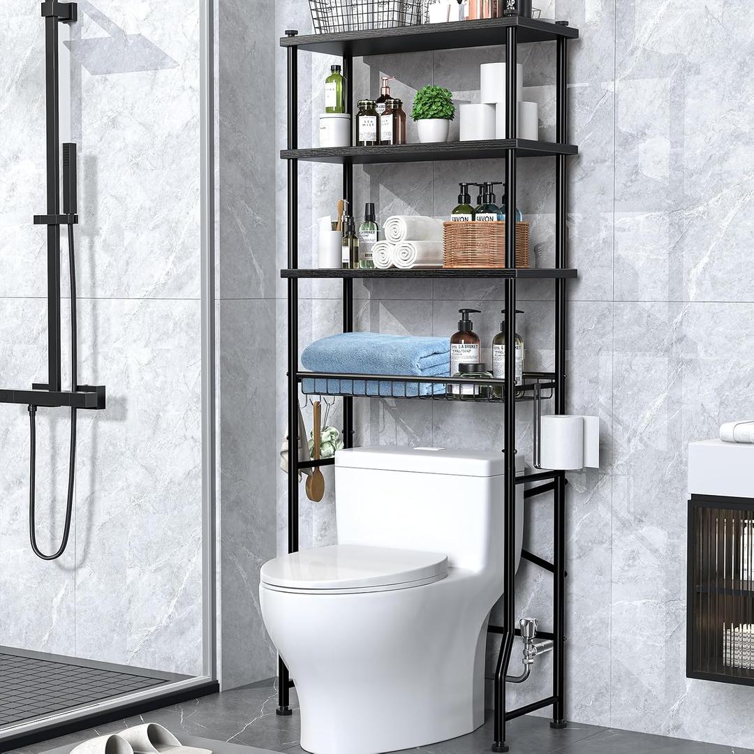 4-Tier Over-The-Toilet Storage Rack, Bathroom Organizer Shelf Over Toilet With Shelf Waterproof Feet Pad And Basket, Multifunctional Space Saver Bathroom Shelves Above Toilet for Room (Black), 24 x 11 x 65.5 inches