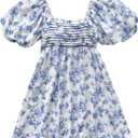 Floerns Women's Floral Dress Puff Sleeve Dress Square Neck Summer Vacation Picnic Mini Dresses (Medium, Blue and White)
