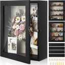 Gerrii Shadow Box Display Case 13 x 16 - Deep 5 Inch Large Wooden Picture Frame with Linen Back, Removable Shelves, Wooden Memory Case for Wedding Bouquets, Photos, Medals & Keepsakes, Black
