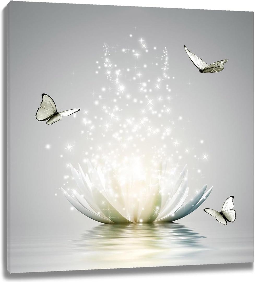 Modern Grey Zen Wall Art for Bathroom Retro Butterfly and White Floral Bloom in Water Abstract Canvas Wall Art Wall Paintings Spa Wall Pictures for Living Room Bedroom Office Ready To Hang, 12x12 Inch