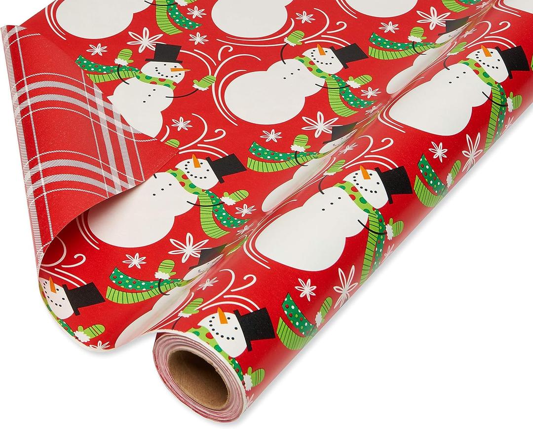 American Greetings Jumbo Reversible Christmas Wrapping Paper Roll, Red and White Holiday Gift Wrap, 175 Sq. Ft., 1 Extra Large Roll-30 In. x 70 Ft., Plaid and Snowmen