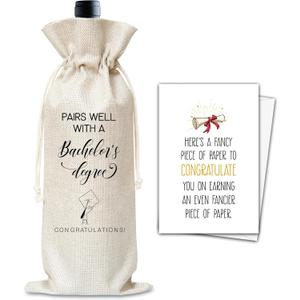 Graduation Wine Gifts Bag, Bachelor's Degree Graduation Reusable Wine Bag, College Graduation Party Decor, Graduation Gifts Bag For Women Man Friend Classmate, Burlap Drawstring Wine Bag With Card-10