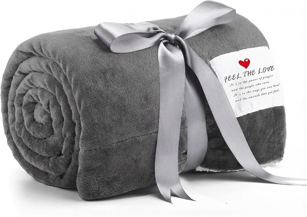 Prayer Comfort Blanket for Men Women 60"x80" Inspirational Healing Sherpa Blanket Flannel Throw with Motivational Quotes Message for Chemo Patient Surgery Recovery Cancer Care Gift(Light Grey)