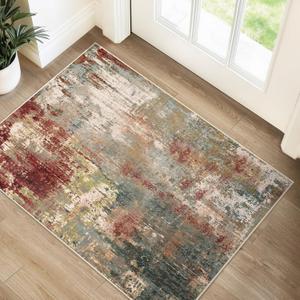 Washable Area Rugs 2'x3' Non-Slip Modern Abstract Soft for Living Room Entryway Bedroom Nursery, Print Pattern, Brown Rust Red Green Blue Multi