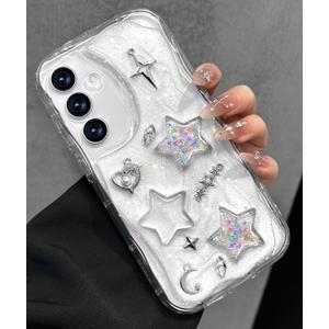 Toycamp for Samsung Galaxy S24 Fe case Women - Cute Girly Girls Phone Cover for Samsung S24 Fe Kawaii Aesthetic Pretty Unique Glitter Bling Sparkle Wave Design Funda para S24Fe, Stars