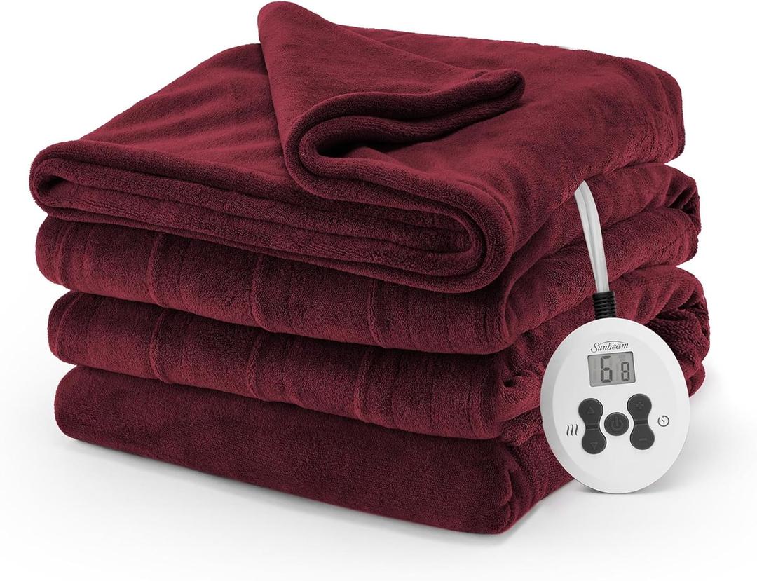 Sunbeam Electric Royal Luxe Microplush Heated Blanket, 12 Heat Settings, 12-Hour Selectable Auto Shut-Off, Fast Heating, Warm and Cozy, Cabernet Color, Full, 84" x 72"