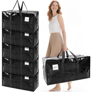 6 Pack Extra Large Moving Bags with Reinforced Handles, Heavy-Duty Storage Tote for Dorm Room Essentials with Strong Zipper,Packing Moving Boxes for College Supplies, Black