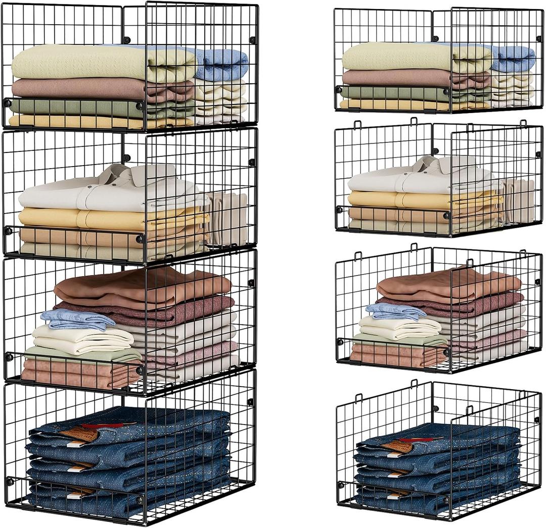 4-Tier Stackable Closet Organizers and Storage Shelves, Foldable Closet Shelf Organizer System, Stackable Storage Bins Drawers for Closet Organizer System, Black(Patent Pending, 15.7"x11.8"x34.64")
