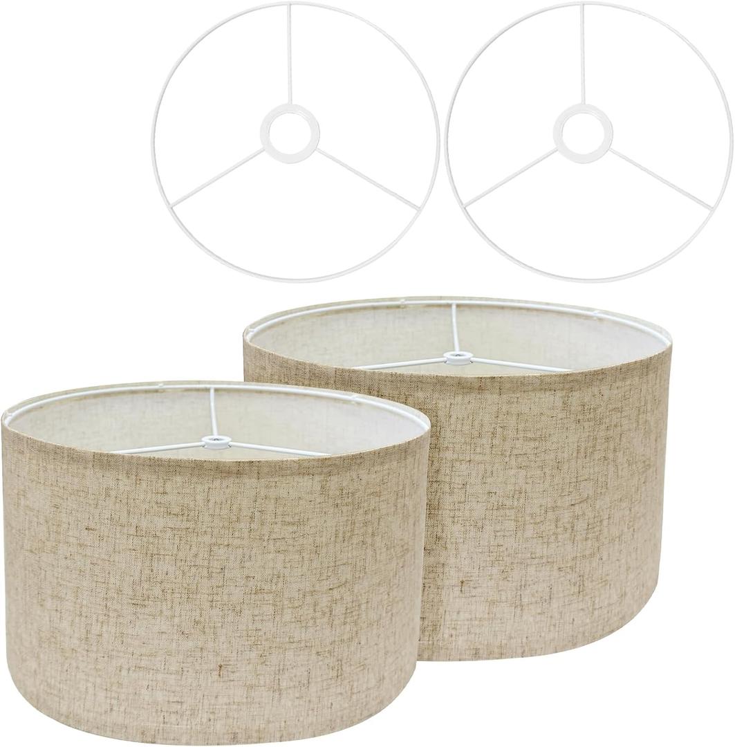 Drum Lamp Shades for Table Lamps 12" Top x 12" Bottom x 8" High Linen Lampshade Set of 2 Lamp Shade with E27 to E26/E14 Adapters for Floor Lamps Bedside Lamps, Black spot hemp cloth, Assembly Required