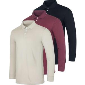 Real Essentials 3 Pack Men's Cotton Jersey Long-Sleeve Polo Shirt - Casual Workwear Office (X-Large)