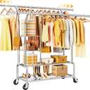 Heavy Duty Clothes Rack - Rolling Clothing Racks for Hanging Clothes Load 630 LBS, Double Rod Metal Garment Rack With Storage Shelf, Portable Wardrobe Racks with Wheels