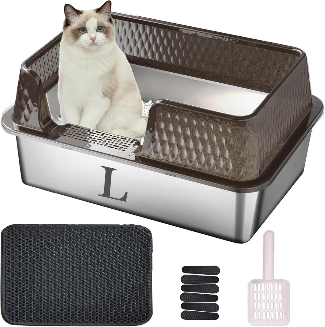 Suhaco Medium Stainless Steel Litter Box Side Entry High Walls Deep Metal Cat Litter Boxes Low Entry with High Sided Removable Lid Litter Mat and Scoop Litter Pan (Black)