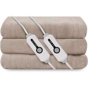 Electric Heated Blanket 84"x90" Queen Size, Soft Coral Fleece, Dual Controllers with 4 Heating Levels and 10 Hours Auto-Off, Machine Washable, Cozy Plush Fabric for Home, Light Brown