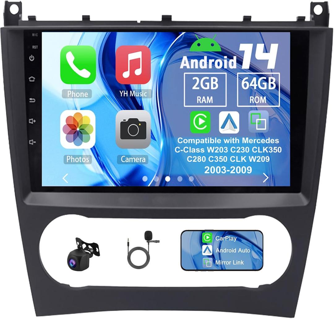 Android 14 Car Radio Compatible with Mercedes C-Class W203 C230 CLK350 C280 C350 CLK W209 2003-2009, 2G+64G 9" Touch Screen Car Stereo with Carplay Android Auto GPS WiFi Mic Backup Camera
