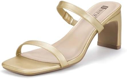 IDIFU IN3 Chunky Heels For Women Low Block Square Open Toe Heels Two Strap Slip On Comfortable Slides Heeled Sandals Sexy Wedding Prom Party Dress Shoes Cute Mule Short Heels Size 7,5